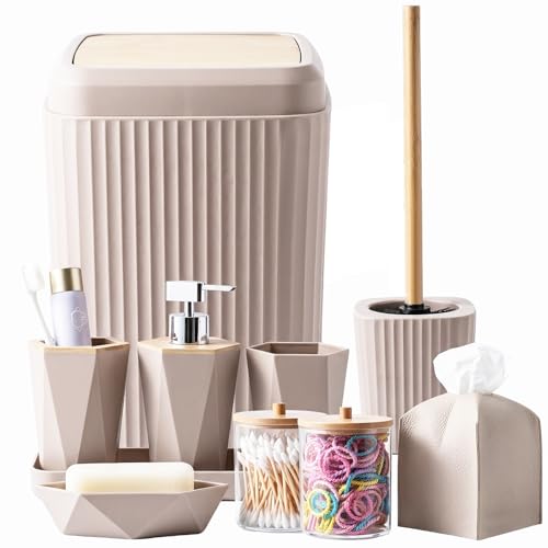 Beige Bathroom Accessories Set, 10 Pieces Bamboo Bathroom Set with Trash Can, Tray, Soap Dispenser, Soap Dish, Toothbrush Holder, Toothbrush Cup, Tissue Holder, Toilet Brush and Qtip Holders - color: Beige