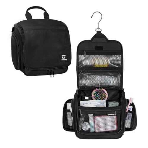 Goloni Hanging Toiletry Bag, 10 Compartments Water-Resistant Makeup Bag with 360° Spinning Metal Hook, Large Travel Cosmetic Organizer for Men & Women, Black (7.05oz) - color: Black