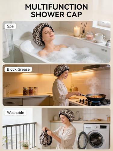 Aquior Shower Cap, Reusable Waterproof Leopard Print Hair Cap,Dual Layer Large Ruffle Edge for Long Hair, Ideal for Shower, Skincare, Cooking, Spa and Travel Use