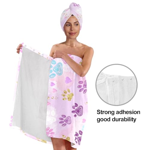 Women's Spa Bath Wrap and Hair Towel Set, Cute Pink Paw Print Shower Wrap Robe with Matching Hair Turban, Adjustable Fast Drying Wearable Bath Towel Dress for Gym, Spa, Sauna & Makeup, Dog Mom Gift - color: Pet Paws 5