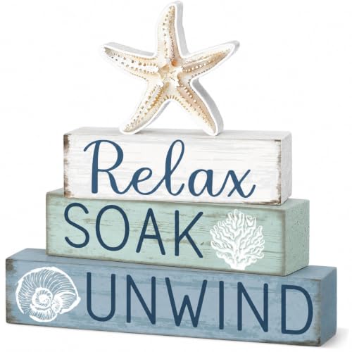 Cinnvoice 4 Pcs Coastal Beach Bathroom Decor Farmhouse Bathroom Decoration Relax Soak Unwind Table Centerpiece Gift for Christmas Valentines Back to School - style: Coastal Relax Soak Unwind