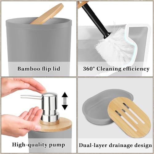 Britimes Bathroom Accessories Set, Grey Shower Curtain Set with Trash Can, Soap Dispenser, Toilet Brush Holder, Toothbrush Holder and Toothbrush Cup for Bathroom Decor - color: Grey1