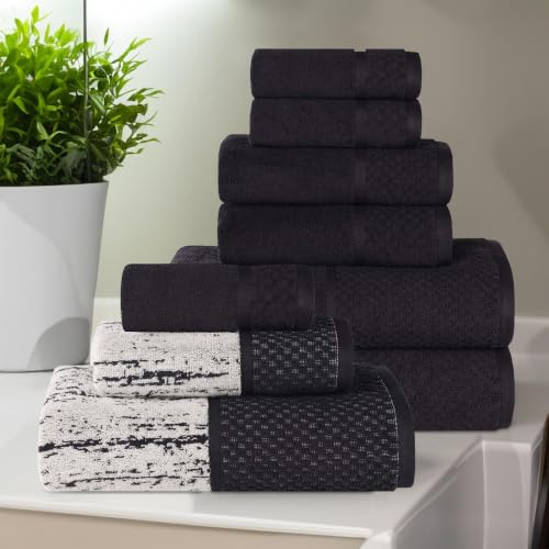 Superior Cotton Bathroom Towel Set, Plush Absorbent, 9 Piece, Black Ivory | Soft Quick Dry, Bathroom Essentials, Jacquard & Solid Pattern Assorted Towels, 4 Bath, 4 Hand, 4 Face Towel, Lodie Collection - color: Black-ivory, size: 9 Piece Towel Set (Jacqua