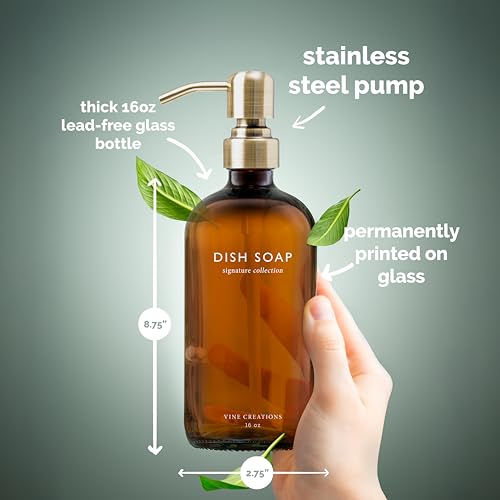 Vine Creations Amber Glass Soap Dispenser Set, Dish Soap and Hand Soap Dispenser Set with Stainless Steel Pump, 16 oz Glass Dispensers for Kitchen or Bathroom Decor (Amber Bottle/Brushed Brass Pump) - color: Amber Bottle / Brushed Brass Pump