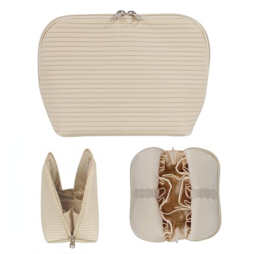 Travel Makeup Bag for Women, Waterproof Stand Up Cosmetic Bag with Brush Holders, Organizer Bag with Compartments, Fold-Down Design for Skincare, Toiletries & Essentials (Beige, Medium) - color: Beige, size: Medium