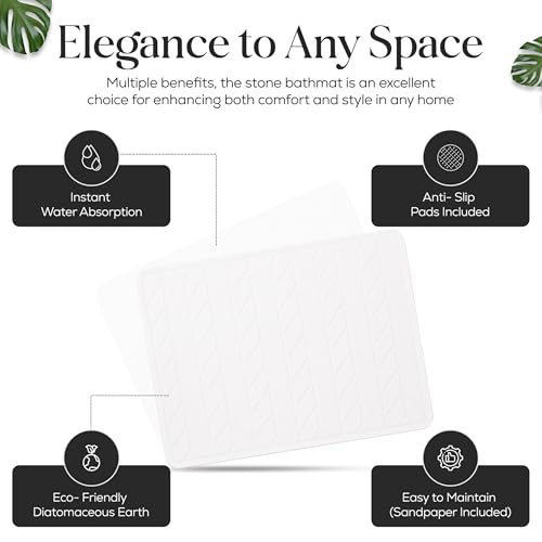 Diatomaceous Earth Stone Bathmat | Eco-Friendly XL Stone Bath Mat 18x24 Inch. Instant Dry Bathroom Mat with Sandpaper & Pads. Multiuse, Kitchen Counter & Dog Bowl Mat Arrow Style (2, White) - color: White