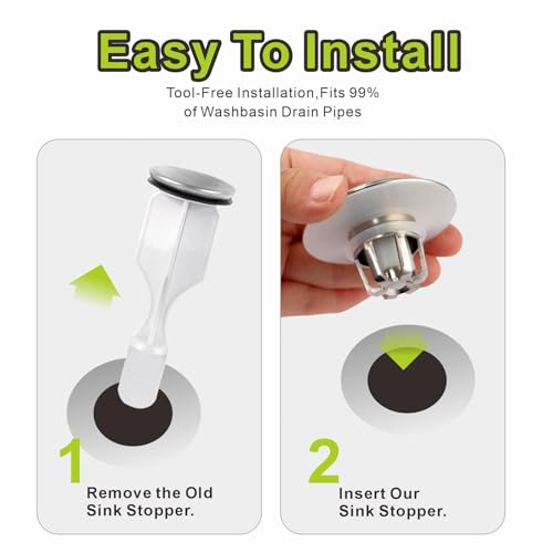 2 Pack Pop Up Sink Drain Stopper,Brushed Nickel Bathroom Sink Stopper with Hair Catcher and Anti-Clog Strainer,Glimflorus Universal 2-in-1 Drain Stopper for 1 1/8"-1 1/2" Drain Holes - color: Brushed Nickel-2