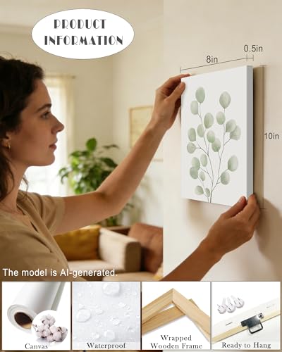 KUVIOKE Botanical Framed Boho Wall Art Bathroom Plants Wall Decor Green Sage Eucalyptus Leaf Prints Minimalist Aesthetic Ready to Hang Set of 4, 8x10 in (Framed) - color: Sage Plants - Standard, size: 8 x 10in x 4 Panels