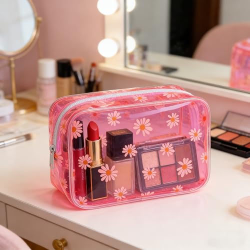 Neon TSA Approved Clear Toiletry Pouch, 7"x2.3"x4.7" Size, PVC Travel Makeup Bags for Toiletries, Transparent Cosmetic Bag for Women and Men Small (Daisy~6PCS) - color: Daisy-6PCS