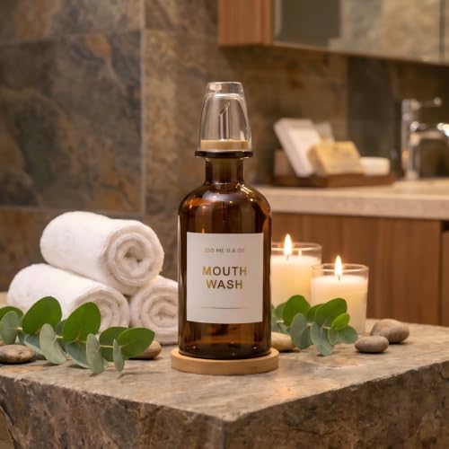 11.8OZ Glass Mouthwash Dispenser for Bathroom with Stainless Steel & Bamboo Nozzle, Mouthwash Cup Reusable, Bamboo Tray, and Elegant Gold Sticker.（Amber - color: Amber/350*1