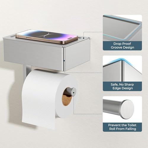 FORIOUS Toilet Paper Holder with Shelf, Sanitary Napkin Receptacle Tampon Holder, Wall Mount Toilet Paper Holder with Storage, Flushable Wipes Dispenser Fits for Bathroom Commercial(Brushed Nickel) - color: Stainless Steel, size: 2 Pack-8" (L)