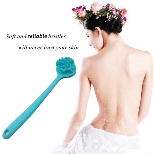 Long Handle Silicone Body Scrubber for Shower, Dual-Sided Back Scrubber Brush with Soft Bristles&Massage Nodes, Exfoliating Bath Brush for Hard to Reach Areas, Easy to Clean & Quick Dry, for Daily Use - color: Blue