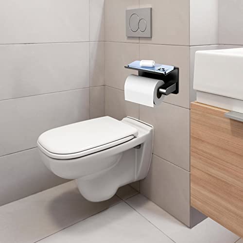 Self Adhesive Toilet Paper Holder with Phone Shelf Stainless Steel（Black Wall Mounted Toilet Paper Roll Holder - Rustproof and Bathroom Washroom Tissue Roll Holder with Storage Shelf, GZJJ-1 - color: Black