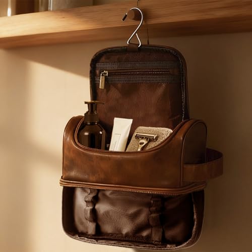 Toiletry Bag for Men Travel Essentials Shaving Dopp Kit with Hanging Hook, Waterproof Toiletry Bag with Dry Wet Separation, PU Leather Travel Organizer for Camping Business, Reddish Brown - color: Reddish Brown, style: Solid
