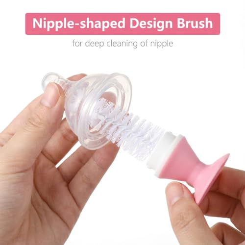 Ariseno 4-in-1 Baby Bottle Brush Set, Including Nylon Bottle Brush, Cap, Straw, Nipple Brushes, BPA-Free (Pink) - color: Pink-nylon
