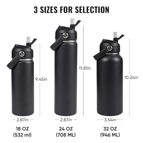 Fijinhom 24oz Insulated Stainless Steel Water Bottle, Wide Mouth Double Wall Vacuum, Silicone Straw, Sweat & Leak Proof, BPA Free Insulated Water Flask for Travel, Keep Cold 24h Hot 12h, Black - color: Black, size: 24 Ounces