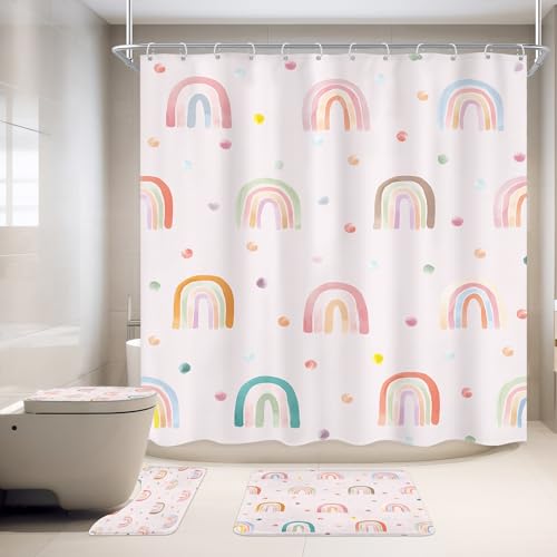 4 PCS Pink Kids Rainbow Shower Curtain Set 72Wx72H Inch Girls Boho Cute Bathroom Rug Set Polka Dot Child Toilet Lid Cover Nonslip U Shape Mat Quick Dry Rubber Backed Dirt Resistant Accessories - color: A Rainbow Pink, size: 72"W x 72"L (Pack of 1)