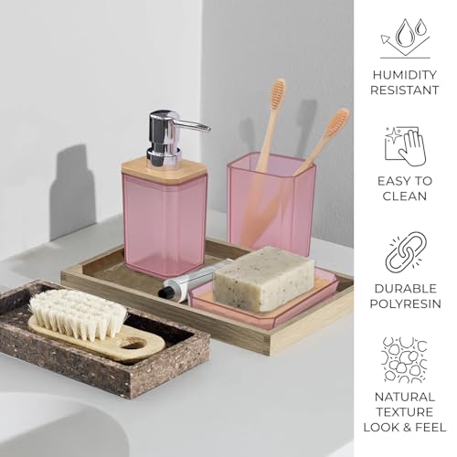 CERBIOR Bathroom Accessories Set 7 Piece Bath Ensemble Includes Soap Dispenser, Toothbrush Holder, Toothbrush Cup, Soap Dish for Decorative Countertop and Housewarming Gift (Pink) - style: Pink