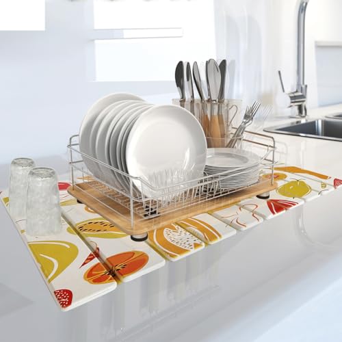Large Stone Drying Mat for Kitchen Counter, 24"x16" Fast-Drying Super-Absorbent Diatomaceous Dish Drying Mat, Collapsible Dish Drying Stone for Dishes, Bottles, Cups, Any Countertop - color: Colorful fruits
