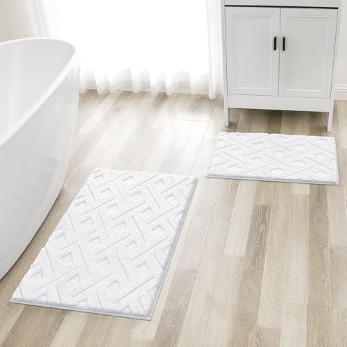 HOMEIDEAS White Bathroom Rug Set 2 Piece, Soft Microfiber Tufted Bath Mats, Super Absorbent Non Slip, Machine Washable Bathroom Rugs for Tub, Shower and Floor, 20" x 32" Plus 16" x 24" - color: White
