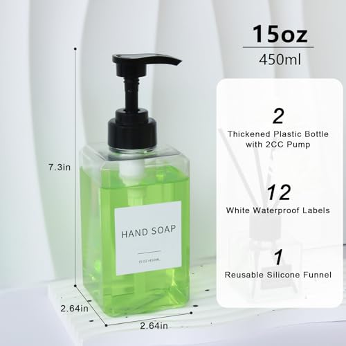 Clear Soap Dispenser with Waterproof Labels, Thickened Plastic Hand Soap Dispenser for Bathroom, Kitchen Dish Washing Liquid Bottles, Shampoo and Conditioner Bottles with Funnel (15oz 2Pack Clear) - color: 15oz 2pack Clear