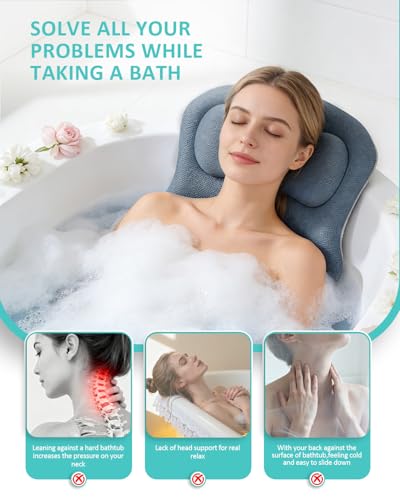 Full Body Bath Pillow for Bathtub, 5D Thick Tub Pillow for Bathtub with 192 Non-Slip Suction Cups, Laundry Bag & Hook, Bathtub Pillow for Head, Neck & Back Support (Misty Blue, 51"*15") - color: Misty Blue