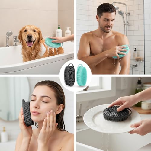 Silicone Body Scrubber 2 Pcs Silicone Loofah Exfoliating Body Scrubber for Men Women Soft Silicones Shower Scrubbers Double Sided Silicones Bath Bodys Brush for All Skin Lather Well, Black and Green - size: black+green