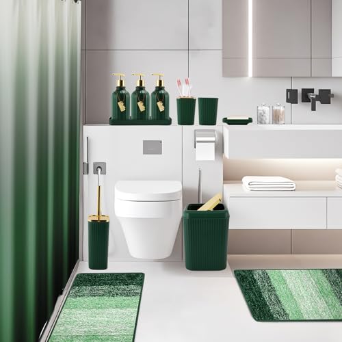 32PCS Bathroom Set Bathroom Sets with Shower Curtain and Rugs Hunter Green Bathroom Accessories,Shower Curtain Set,Bathroom Rug Set with Bathroom Trash Can - size: Bath Set+Gradient Shower Curtain+Bath Rugs, style: Dark Green