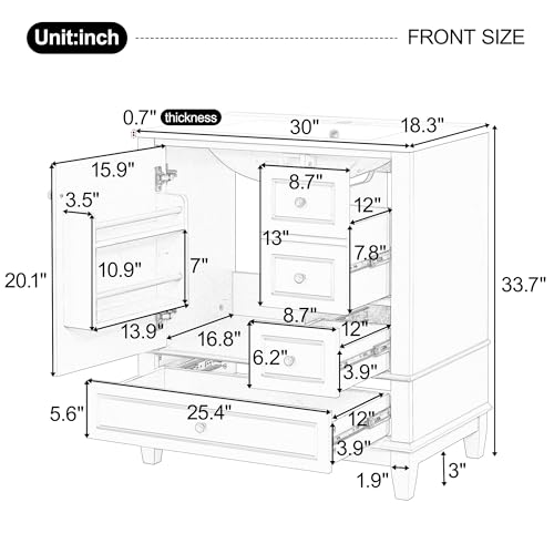 Linique 30" Modern Bathroom Vanity with Sink Combo Set, Solid Wood Frame Bathroom Storage Cabinet with 3 Drawers, Soft Closing Cabinet Door with Organizer, White - color: White, size: 30"/ Door with Organizer