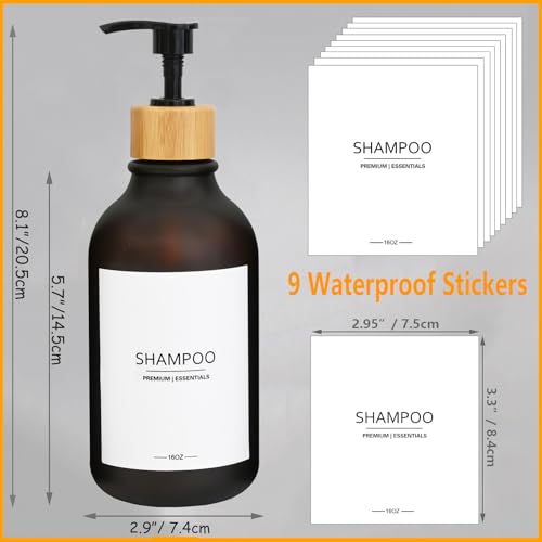Frosted Plastic Shampoo and Conditioner Bottles, Apothecary Dispenser Bamboo Pump, Refillable Bottles for Shower Lotion, Oil, Hand Soap, Sanitizer, Liquid Soap, Set of 3 with 9 Labels (3, Matte Amber) - color: Matte Amber
