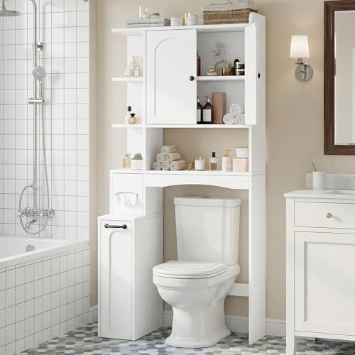Einhomn Over The Toilet Storage Cabinet with Pulley, Space Saver Bathroom Organizer with Arched Doors & Open Shelves, Toilet Paper Holder Stand Toilet Rack for Bathroom, Restroom, Laundry, White