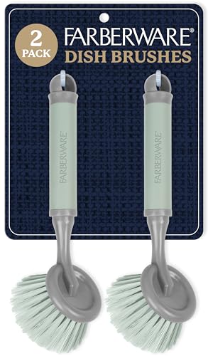 Farberware Dish Brush with Handle, 2 Pack, Firm Bristles | Kitchen scrub brush and dish scrubber removes grease, reaches pot and pan edges, 9in, round head, soft-grip design - color: Sage