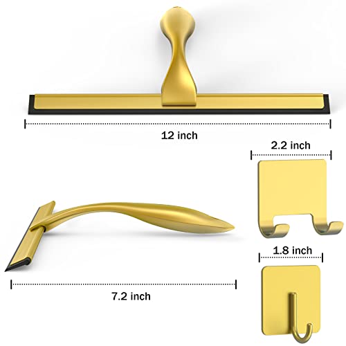 All-Purpose Stainless Steel Shower Squeegee for Shower Doors with 2 Adhesive Hooks, Bathroom Cleaner Tool Household Window Mirror Squeegee for Home Cleaning, Glass Door, Tile Wall, Car, 12 Inch Golden - color: Golden, size: 12 Inch