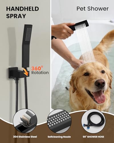 gotonovo Shower System with Tub Spout,Waterfall Tub Shower Faucet Set for Bathroom Head and Handle Set Wall Mounted 3 Function Rough-in Valve and Trim Included 12 inch Shower Head Matte Black - color: Matte Black, size: 12 inch Shower Head
