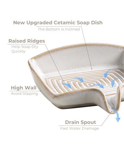 Soap Dishes, Ceramic Shower Soap Dish with Waterfall Design Bar Soap Holder Self Draining Soap Saver for Shower, Bathroom, Sink, Kitchen and Countertop, Beige White - color: Beige White, size: Rectangular