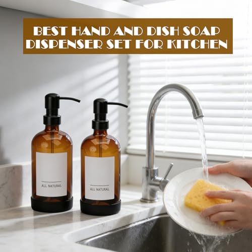 16oz Amber Glass Soap Dispenser Set of 4,Brown Glass Pump Bottles for Bathroom Kitchen,Bathroom Kitchen Hand and Dish Soap Dispenser Set,Modern Brown Soap Dispensers Bottles
