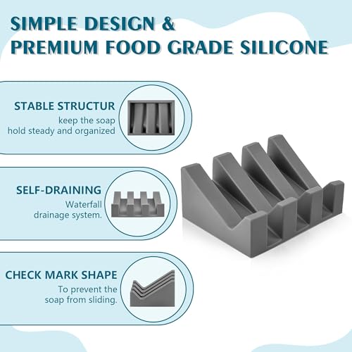 Self Draining Soap Dish Holder,Silicone Soap Dish,for Bathroom,Kitchen, Sponges，Can Extend Soap Life，Keep Soap Bars Dry and Easy Cleaning (N-Grey,3-Pack) - color: N-grey,3-pack