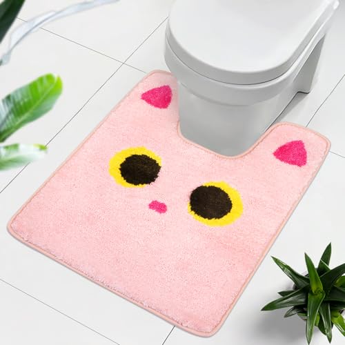 Toilet Rug,Soft Cat Design Toilet Mat,Non Slip and Absorbent Bath Rug,U Shaped Washable Contour Bath Rugs for Toilet Base(Pink, 24" x 20") - color: Pink, size: 24" x 20"