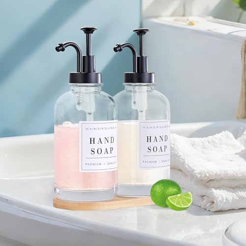 Glass Soap Dispenser with Pump,Tray,Funnel, Countertop Soap and Lotion Dispenser Set of 2, Dish and Hand Soap Dispenser Bottle for Kitchen,Bathroom,Shower, with 60 Stickers, 500ml/16.9oz - color: Blk-5010-2b