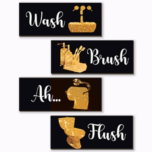 4 Pcs Gold Bathroom Decor Funny Gold Wall Decor Wooden Black Yellow Bathroom Accessories Modern Funny Glitter Signs for Home Toilet Decoration(10x4") - color: Gold, size: 10 X 4 Inch