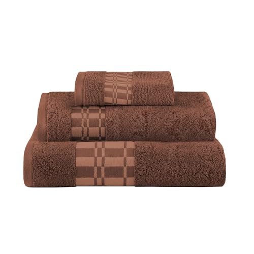 Superior 3-Piece Cotton Towel Set, Geometric Design, Dobby Border, Plush Quick Dry Towels, Decorative Bathroom, Spa, Includes 1 Bath, 1 Hand, 1 Face Towel/Washcloth, Larissa Collection, Chocolate - color: Chocolate, size: 3 Piece Towel Set