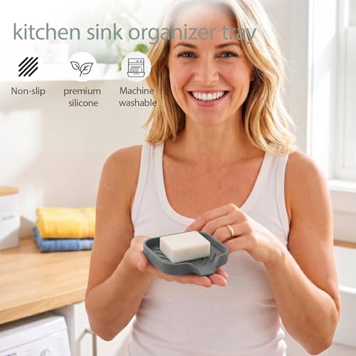 MicoYang Silicone Soap Dish with Drain Spout, Self-Draining Sink Organizer Tray for Bathroom and Kitchen, Sponges, Dispensers and Soap Holder, Non-Slip and Dishwasher Safe, Grey (Compact, 4.9"×3.2") - color: Grey, size: S(4.9"×3.2")