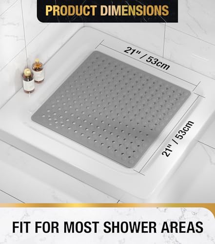 HITSLAM Shower Mat Anti Slip, Square Bath Mat for Tub Non Slip with Suction Cups and Drain Holes, 21x21 Inch Bathroom Shower Stall Floor Mat, Machine Washable, Soft on Feet, Grey - color: Grey, size: 21" x 21" (Square)
