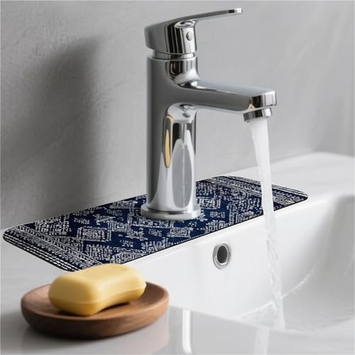 Kitchen Sink Splash Guard，Blue and White Tribal Faucet Mat Sink Gadgets-Super Absorbent Fast Drying Mat Drip Catcher for Kitchen, Bathroom,Sink Mat, Dish Drying Mat, Bathroom(15" X 5.5" )