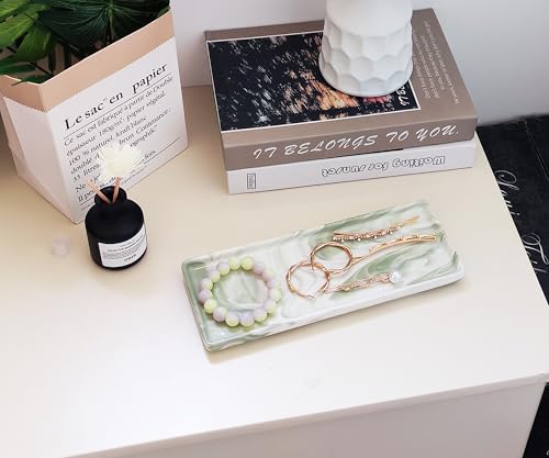 9.2" Porcelain Small Bathroom Narrow Tray - Green | Mini Ceramic Countertop & Vanity Tray for Cosmetics, Perfumes, Jewelry, Candles – Kitchen Soap Tray for Countertops - color: Green, size: 9.2" x 3.6" x 0.6"