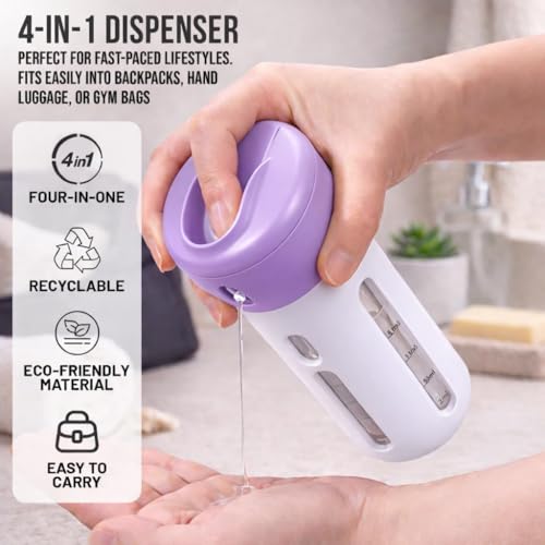 Travigo 4-in-1 Travel Dispenser Bottle, TSA Approved, Leak Proof, Four Reusable 1.4 oz. (40 mL) Toiletry Containers for Shampoo, Conditioner, Soap, Lotion, Skincare (Purple) - color: 1 Dispenser (Purple)
