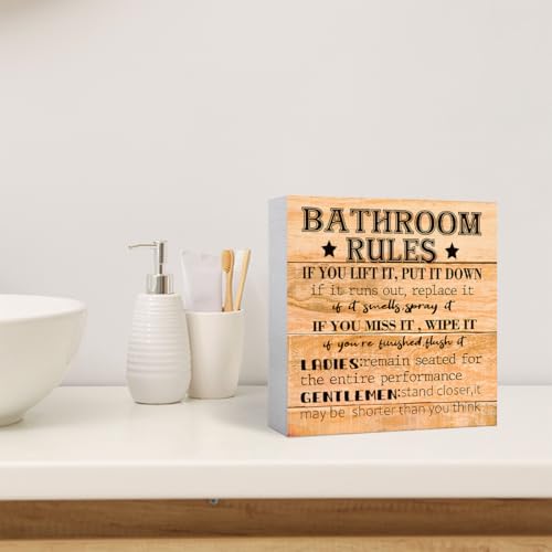 Funny Farmhouse Bathroom Wood Sign - Rules Block Sign for Shelf, Toilet, Restroom, Home, Tabletop, Desk Decor - Wooden Box Sign - color: Wood Color3