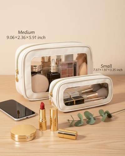 2Pcs Clear Makeup Bags Set, Clear Travel Makeup Brush Holder Leather Makeup Case Toiletry Bag with Zipper Portable Cosmetic Pouch Waterproof Makeup Brush Storage Bag Car Bag for Essentials - color: 2Pcs White