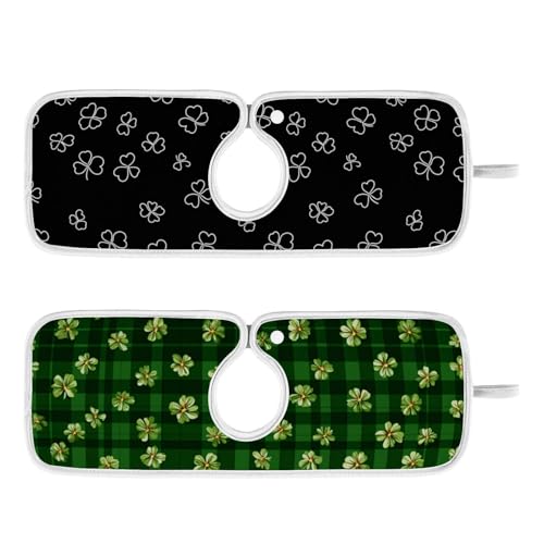 Green Checkered Tiny Clovers Line Sink Mat for Faucet Sink Splash Guard Faucet Handle Drip Catcher for Kitchen Bathroom Absorbent Microfiber Dish Drying Mat with 1 Hole 2pcs S - color: Green Checkered Tiny Clovers Line, size: 14.9x5.5in x2