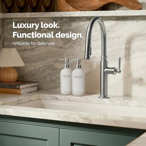 Vine Creations White Glass Soap Dispenser Set, Dish Soap and Hand Soap Dispenser Set with Stainless Steel Pump, 16 oz Glass Dispensers for Kitchen or Bathroom Decor (Matte White Bottle/Silver) - color: White Bottle / Silver Pump